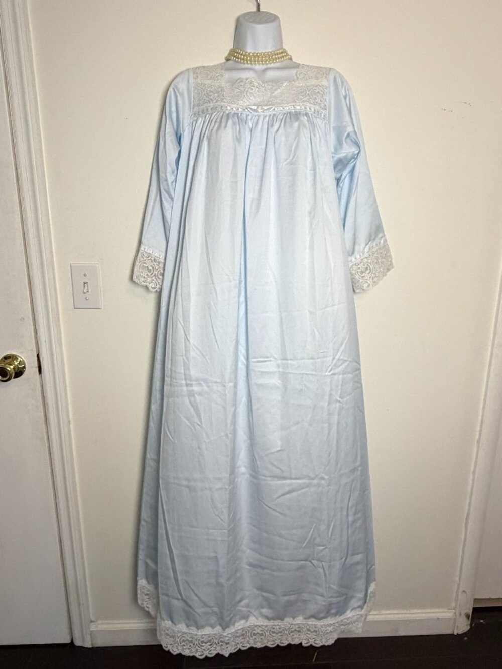 70s Vintage Christian Dior Pastel Blue Lace Trim House Dress Maxi Nightgown M